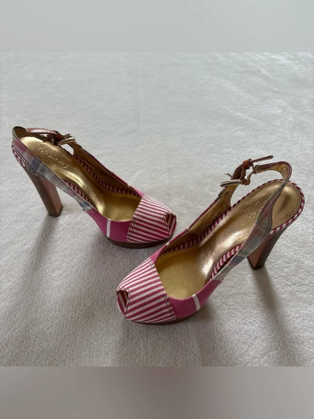 COACH Berli Poppy Pink Patchwork Monogram Peep Toe Slingback Platform Heels US 7